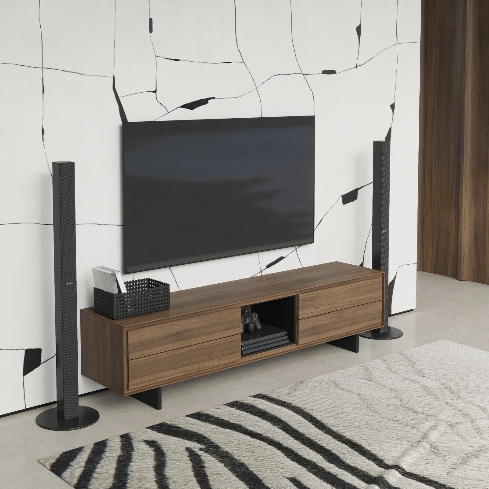 Тумба под TV отделка шпон ореха F, черный матовый лак, черный матовый лак MDI.TV.MRM.68